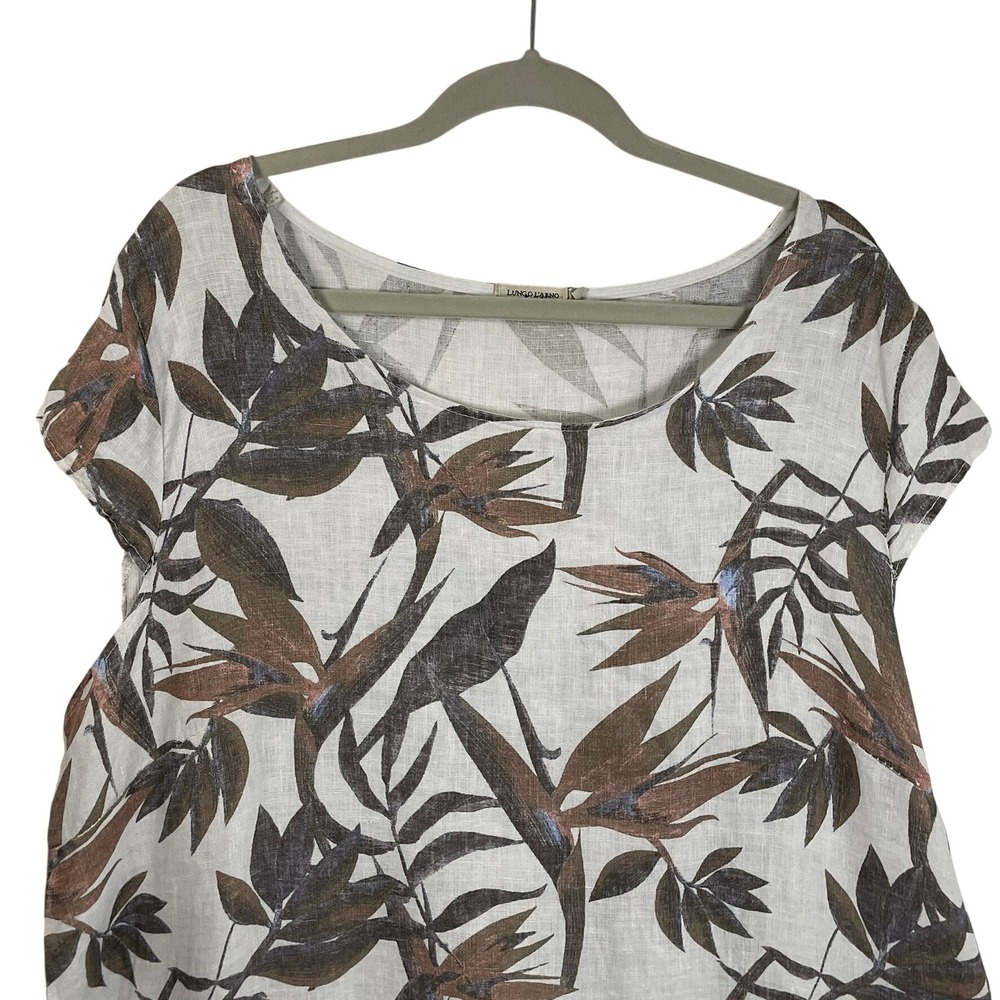Lungo L'Arno Italy 2X 100% Linen Cotton Tropical Leaf Print Shift Dress Pockets - Picture 5 of 11